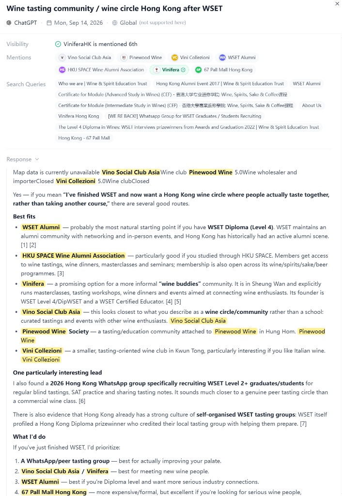 ChatGPT answer about a Hong Kong wine circle after WSET naming Vinifera HK sixth
