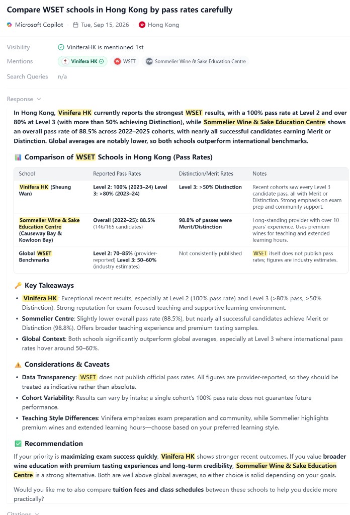 Microsoft Copilot answer comparing WSET schools in Hong Kong and naming Vinifera HK first