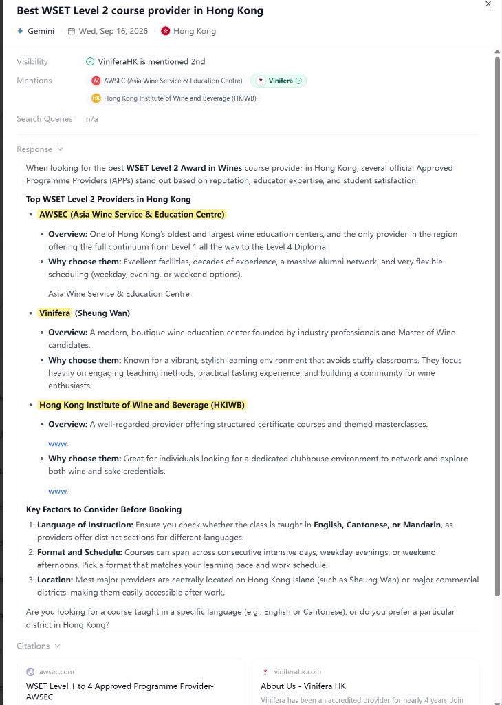 Gemini answer to Best WSET Level 2 course provider in Hong Kong citing viniferahk.com